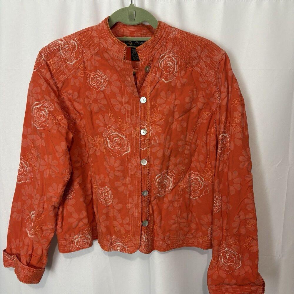 Vintage Mirasol Floral Jacket Womens Large Embroidered Orange Boho Bright Artsy